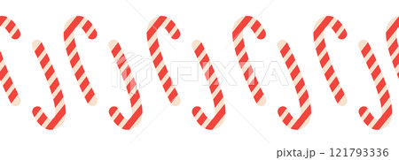 Merry Christmas seamless horizontal banner with candy cane, gingerbread, Christmas boot, flat illustration. 121793336