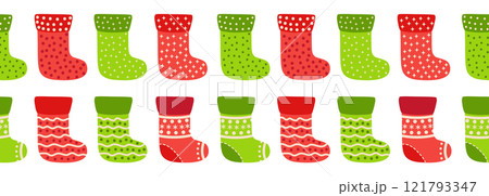 Merry Christmas seamless horizontal banner with candy cane, gingerbread, Christmas boot, flat illustration. 121793347