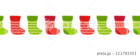 Merry Christmas seamless horizontal banner with candy cane, gingerbread, Christmas boot, flat illustration. Merry Christmas seamless horizontal banner with candy cane, gingerbread, Christmas boot, flat illustration. 121793351