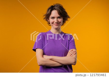 Confident Real Woman, Short Bob Hair, Natural Beauty. Girl On yellow, Kind smile Confident Real Woman, Short Bob Hair, Natural Beauty. Girl On yellow, Kind smile 121793461
