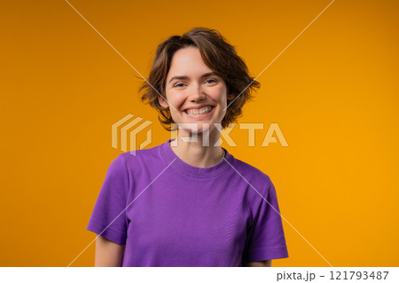 Charming Real Woman, Short Bob Hair, Natural Beauty. Girl On yellow, Kind smile Charming Real Woman, Short Bob Hair, Natural Beauty. Girl On yellow, Kind smile 121793487