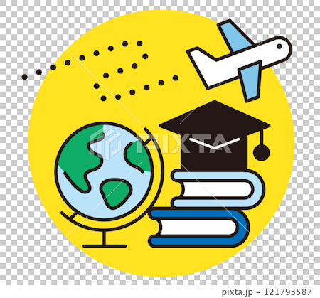 Vector material related to global education and studying abroad. Illustrations with globes, books, and airplanes. 121793587