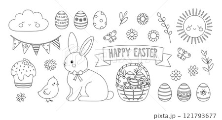 Easter spring elements coloring page. Outline set with rabbit, chicken, eggs, basket, flowers, butterflies. Cute holiday collection. Coloring book for print Easter spring elements coloring page. Outline set with rabbit, chicken, eggs, basket, flowers, butterflies. Cute holiday collection. Coloring book for print 121793677