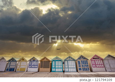 Colorful beach huts in Cayeux, Normandy, France 121794109