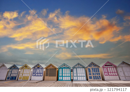 Colorful beach huts in Cayeux, Normandy, France Colorful beach huts in Cayeux, Normandy, France 121794117