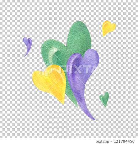 Watercolor carnival decorative yellow, green, purple hearts illustration. Three bright colorful curving heart composition for greeting template, web design, holiday poster Watercolor carnival decorative yellow, green, purple hearts illustration. Three bright colorful curving heart composition for greeting template, web design, holiday poster 121794456