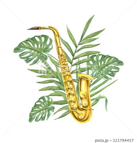 Watercolor shiny brass saxophone among tropical leaves illustration. Wind brass musical instrument, monstera, palm leaf in realistic style. Music composition for jazz festival design, education cards Watercolor shiny brass saxophone among tropical leaves illustration. Wind brass musical instrument, monstera, palm leaf in realistic style. Music composition for jazz festival design, education cards 121794457