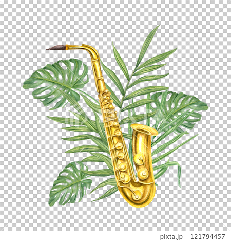 Watercolor shiny brass saxophone among tropical leaves illustration. Wind brass musical instrument, monstera, palm leaf in realistic style. Music composition for jazz festival design, education cards Watercolor shiny brass saxophone among tropical leaves illustration. Wind brass musical instrument, monstera, palm leaf in realistic style. Music composition for jazz festival design, education cards 121794457