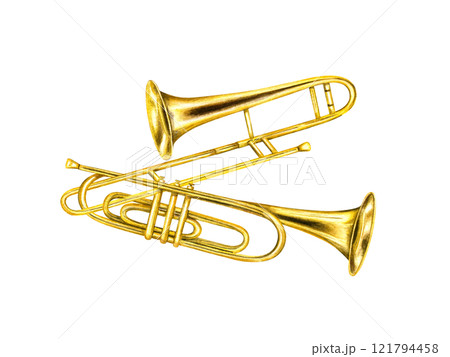 Watercolor intertwined musical classical brass trumpet and trombone illustration. Hand painted jazz metallic golden instrument composition for your design. Side view. For educate greeting cards Watercolor intertwined musical classical brass trumpet and trombone illustration. Hand painted jazz metallic golden instrument composition for your design. Side view. For educate greeting cards 121794458