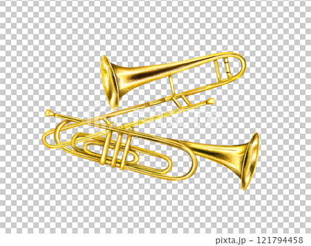 Watercolor intertwined musical classical brass trumpet and trombone illustration. Hand painted jazz metallic golden instrument composition for your design. Side view. For educate greeting cards Watercolor intertwined musical classical brass trumpet and trombone illustration. Hand painted jazz metallic golden instrument composition for your design. Side view. For educate greeting cards 121794458