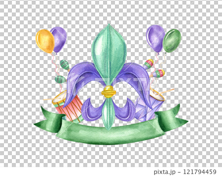 Watercolor Mardi gras fleur de lis symbol with balloons, musical instruments and green banner for text illustration. Carnival emblem for New Orleans parade invitation, greeting card 121794459