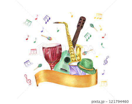 Music wind and percussion instruments, green hat, flying musical notes and golden banner for text. Saxophone, string guitar, djembe, drum, and Fat Tuesday attribute. For invitation cards, flyer design 121794460
