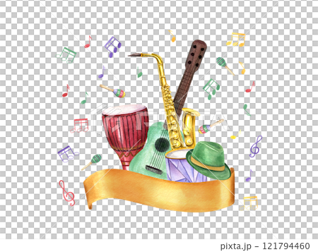 Music wind and percussion instruments, green hat, flying musical notes and golden banner for text. Saxophone, string guitar, djembe, drum, and Fat Tuesday attribute. For invitation cards, flyer design 121794460