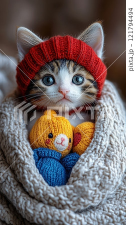 Cozy kitten bundled in blanket with adorable...のイラスト素材 [121794494] - PIXTA