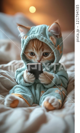 Cute kitten in cozy outfit plays with a smartphone indoors. Generative AI Cute kitten in cozy outfit plays with a smartphone indoors. Generative AI 121794585