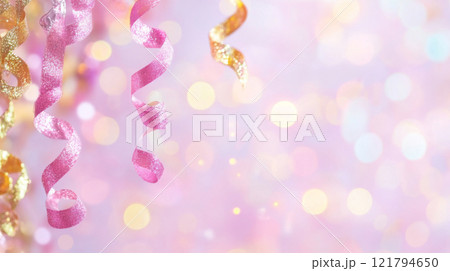 Pink balloons and shimmering ribbons on festive bokeh background 121794650
