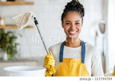 African american young woman cleaning in kitchen with mop and gloves, concept of cleaning service, housework and hygiene 121794704