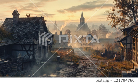 Village At Dawn A Photorealistic Image Of A Medieva Village At Dawn A Photorealistic Image Of A Medieva 121794760