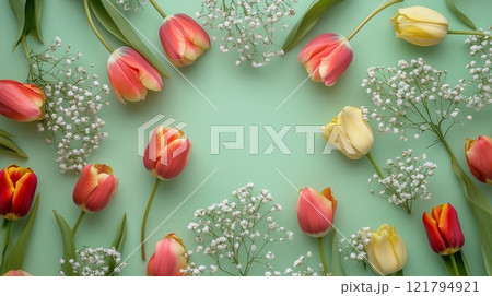 Colorful tulips and baby's breath flowers arranged in a pattern on a pastel green background. Colorful tulips and baby's breath flowers arranged in a pattern on a pastel green background. 121794921