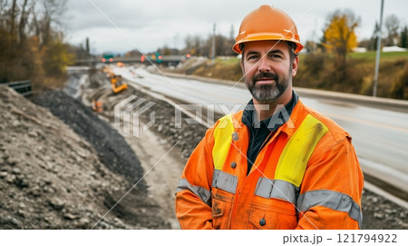 A portrait of an industrial worker wearing an orange safety jacket and hard hat. 121794922