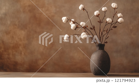 Cotton flowers in a dark stone vase on a brown background. 121794923