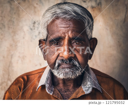 Old grumpy wrinkled man looking at camera 121795032