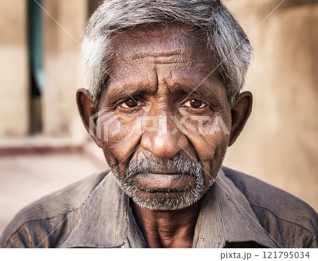 Old grumpy wrinkled man looking at camera 121795034