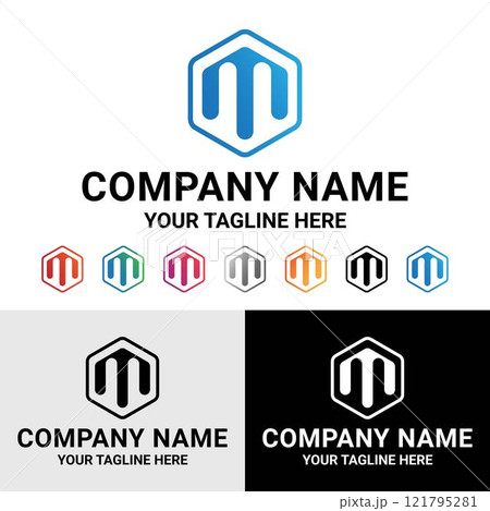 Abstract m letter geometric polygonal shape technology gradient color logo design	 121795281