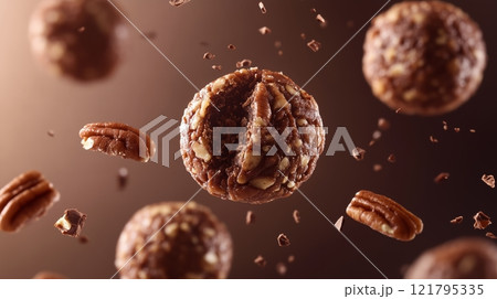 Pecan balls with chocolate pecan nuts with crispy chocolate, floating in the air. Pecan balls with chocolate pecan nuts with crispy chocolate, floating in the air. 121795335