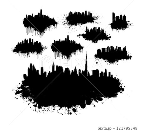Black and white graphic drawing set city and blots. hand drawing. Not AI. Vector illustration. Black and white graphic drawing set city and blots. hand drawing. Not AI. Vector illustration. 121795549