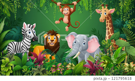 Cartoon wild animals in the forest background 121795618