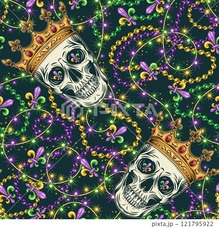 Carnival Mardi Gras themed pattern with skull in crown, interlaced strings of beads, festive garland like sparkler, scattered Fleur de Lis symbol. Detailed Vintage style. For holiday, party design 121795922
