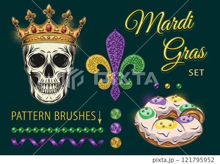 Pack of design elements for Mardi Gras festival with human skull in crown, beaded fleur de lis symbol, coins, beads, king cake, streamer ribbon, inscription Mardi Gras on dark background. Clip art. Pack of design elements for Mardi Gras festival with human skull in crown, beaded fleur de lis symbol, coins, beads, king cake, streamer ribbon, inscription Mardi Gras on dark background. Clip art. 121795952