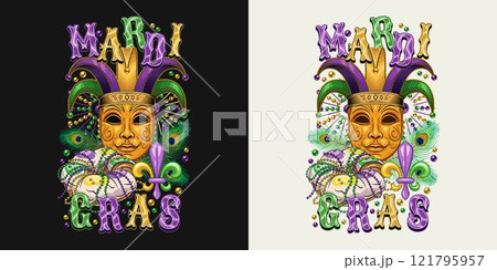 Composition with carnival golden venetian face mask in jester harlequin hat, traditional festival Mardi Gras food king cake. Peacock feathers, bead behind. T shirt graphics 121795957