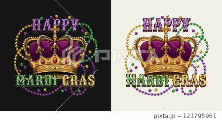 Mardi Gras emblem with golden imperial crown with red gemstones ruby, fleur de lis sign on points, intertwined interlaced strings of beads, text. Holiday composition in vintage style. Mardi Gras emblem with golden imperial crown with red gemstones ruby, fleur de lis sign on points, intertwined interlaced strings of beads, text. Holiday composition in vintage style. 121795961