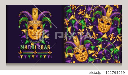 Carnival Mardi Gras themed pattern, label with golden venetian face mask in Jester Harlequin hat, scattered trinket, pennant garland, strings of beads. Detailed illustration in vintage style Carnival Mardi Gras themed pattern, label with golden venetian face mask in Jester Harlequin hat, scattered trinket, pennant garland, strings of beads. Detailed illustration in vintage style 121795969
