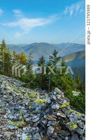 Summer Carpathian mountains evening view. Stony Gorgany massif, Ukraine. 121795989