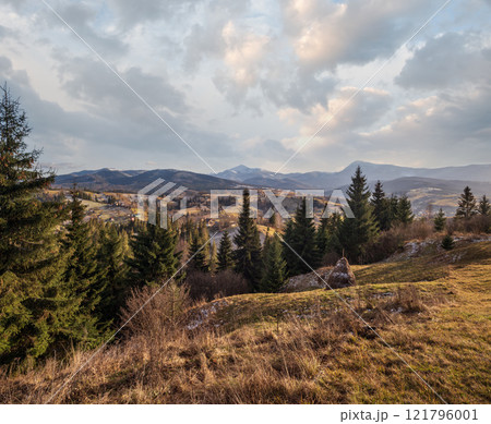 Late autumn mountain scene. Picturesque traveling, seasonal, nature and countryside beauty concept scene. Carpathians, Ukraine. Late autumn mountain scene. Picturesque traveling, seasonal, nature and countryside beauty concept scene. Carpathians, Ukraine. 121796001