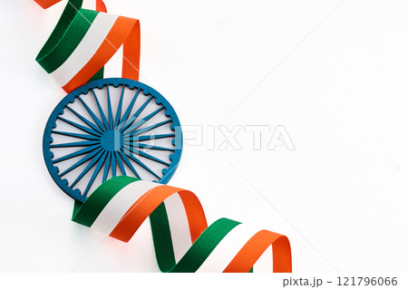 Indian Republic and Independence Day Symbol. Indian Tricolor Ribbon with Ashoka Chakra 121796066