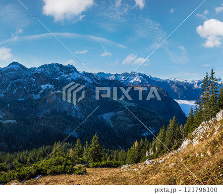 Autumn Alps mountain misty morning view from Jenner Viewing Platform, Schonau am Konigssee, Berchtesgaden national park, Bavaria, Germany. 121796100