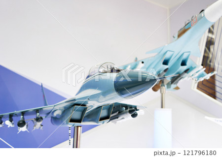 Modern russian fighter aircraft at exhibition 121796180