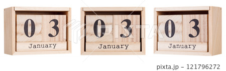 Wooden calendar, a set of dates of the month 03 January, on a white and transparent background 121796272