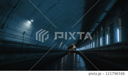 Deep blue industrial concrete tunnel perspective 121796586