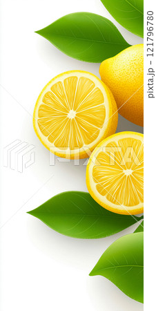 Ripe lemons and lemon slices with green leaves arranged on white background. Lemon wallpaper, banner 121796780