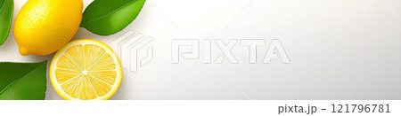 Ripe lemons and lemon slices with green leaves arranged on white background. Lemon wallpaper, banner 121796781