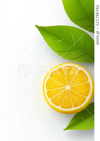 Ripe lemons and lemon slices with green leaves arranged on white background. Lemon wallpaper, banner 121796782