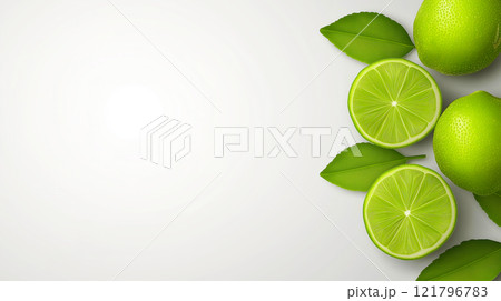 Ripe limes and lime slices with green leaves arranged on white background. Lime wallpaper, banner 121796783