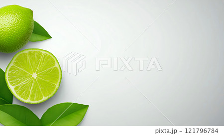 Ripe limes and lime slices with green leaves arranged on white background. Lime wallpaper, banner 121796784
