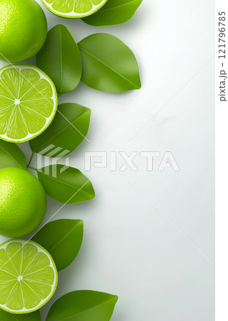 Ripe limes and lime slices with green leaves arranged on white background. Lime wallpaper, banner 121796785