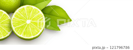 Ripe limes and lime slices with green leaves arranged on white background. Lime wallpaper, banner 121796786